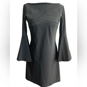 Chiara Boni Italian Black Studded Long Bell Sleeve Cocktail Dress Size 40 US 6